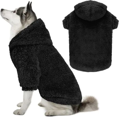 Vista 15 de Suéteres de vellón y sherpa para perros pequeños, mullidos, suaves, de doble cara, afelpados, con capucha, negro, XS