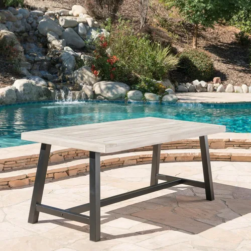 Vista 6 de Mesa de comedor de madera de chorro de arena gris claro al aire libre con metal rústico negro e