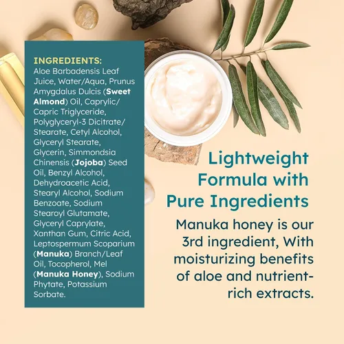 Vista 5 de MELORA Loción corporal de miel de Manuka (7 onzas), loción hidratante con miel de manuka calmante y aceite para pieles secas, muy secas, sensibles