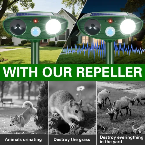 Vista 3 de Repelente ultrasónico para gatos actualizado 2026 para exteriores con luz estroboscópica, repelente de zorrillas de ciervos y ardillas para patio