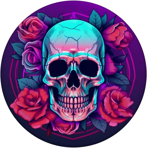 Vista 3 de Synthwave Sugar Skull Flowers PopSockets intercambiables PopGrip