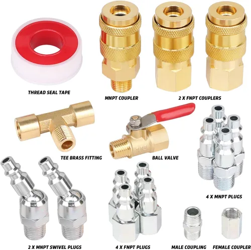 Vista 2 de Hromee Kit de acoplador y enchufe de aire de 18 piezas, accesorios de manguera de aire NPT de 1/4 pulgadas y accesorios de compresor con acoplador