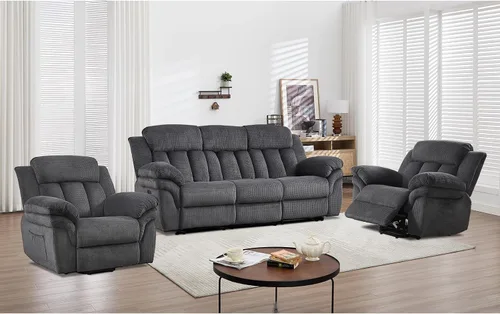 Vista 19 de CANMOV Juego de sofá reclinable, sofá biplaza reclinable manual y sofá de 3 plazas con reposabrazos sobrerelleno para sala de estar, muebles de Gris