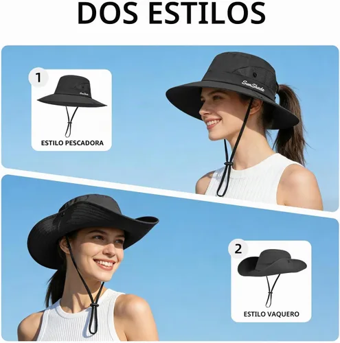 Vista 3 de Rosoz Sombreros de cola de caballo para mujer, protección UV, ala ancha 1 paquete-negro
