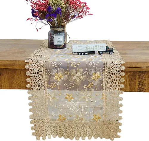 Vista 8 de Camino de mesa bordado de flores de encaje, rectangular, para bodas, fiestas, despedidas de soltera, comedor, decoración de mesa auxiliar, 16 x 48