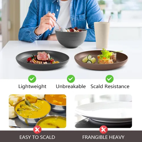 Vista 5 de Teivio Juego de vajilla de plástico de paja de trigo de 32 piezas para cocina, servicio para 8, platos, cuencos y tazas irrompibles, vajilla
