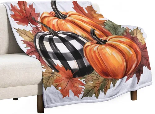 Vista 12 de Manta de lana cuadriculada con diseño de calabaza, hojas de arce, Acción de Gracias, manta de cama para otoño, Acción de Gracias, ligera, súper