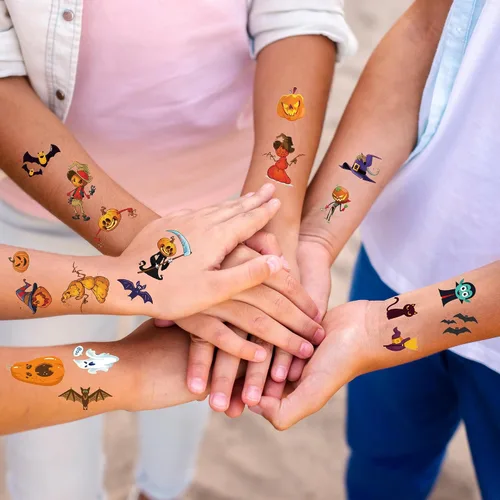 Vista 4 de 298 piezas de decoraciones de Halloween, recuerdos de fiesta, tatuajes temporales para niños, Halloween, surtido de trucos o tratos, calcomanías
