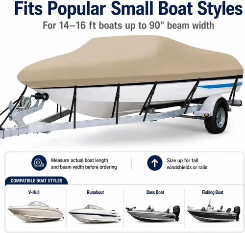 Vista 6 de Cubierta impermeable para barco de 14 a 16 pies, cubierta resistente de poliéster 600D, cubierta para barco Oxford Bass Runabout para barcos