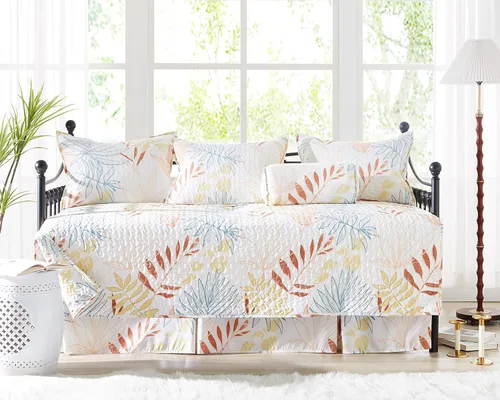 Vista 8 de Juego de funda para sofá cama de tamaño individual, 6 piezas, fundas a 1 - Hojas Botánicas Gris