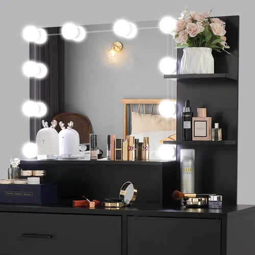 Vista 6 de Juego de tocador grande, mesa de maquillaje iluminada con taburete de tocador, tocador de maquillaje con luces, escritorio de maquillaje