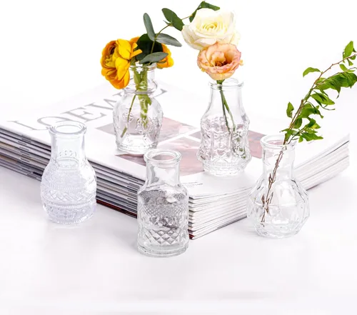 Vista 13 de Juego de 24 jarrones de vidrio a granel con 2 pinceles, jarrones de vidrio para centros de mesa, decoración vintage de boda transparente a granel
