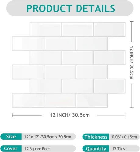 Vista 7 de VEELIKE 12 hojas de azulejos blancos para salpicaduras de cocina, azulejos blancos de metro con lechada plateada de 12 x 12 pulgadas, extraíble