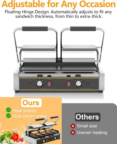 Vista 8 de Panini Press comercial - Parrilla eléctrica Panini de 3600 W, acero inoxidable, controles de temperatura duales, prensa doble sándwich con sartén