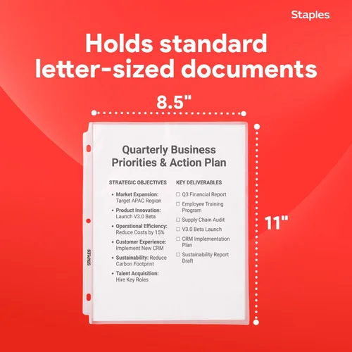Vista 3 de Staples Protectores de hojas pesados, 8.5 x 11 pulgadas, protectores transparentes de 3 agujeros perforados, caja fuerte para archivos, paquete