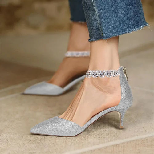 Vista 3 de Guayonng Zapatos de tacón bajo con diamantes de imitación de boda para mujer, zapatos de noche para novia nupcial