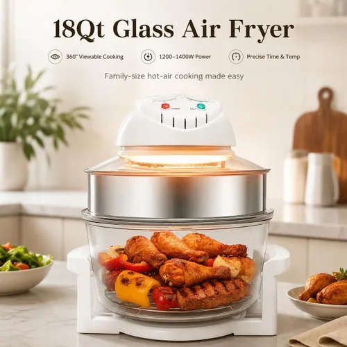 Vista 2 de Freidora de aire de vidrio grande de 18 cuartos – Cocina de circulación halógena y de aire caliente visible en 360°, 1200–1400 W, control preciso