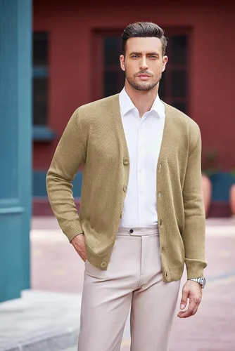 Vista 4 de COOFANDY Suéter de punto con cuello en V para hombre, casual, ligero, con botones