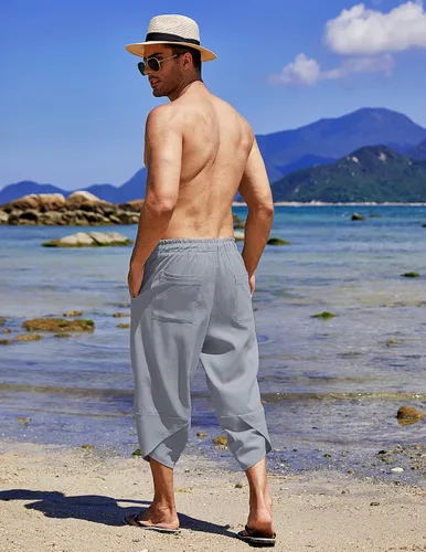 Vista 4 de COOFANDY Pantalones capri harén de lino para hombre, ligeros, sueltos, 34, con cordón elástico, cintura elástica, pantalones casuales para yoga
