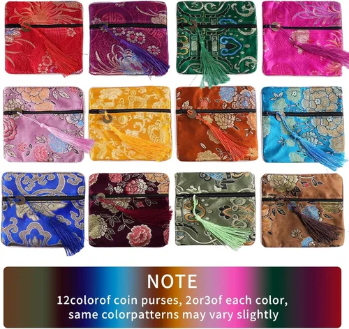 Vista 12 de 24pc chino brocado de seda monedero bordado joyería bolsa cremallera cartera bolsa