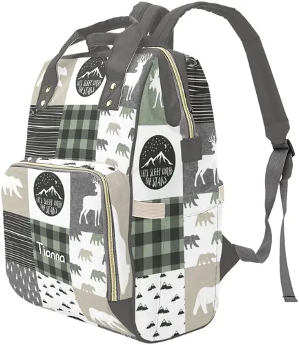 Vista 4 de XOZOTY Antler Woodland - Bolsas de pañales a cuadros con nombre impermeable para mamá, mochila de lactancia, bolsas de bebé, regalos para mujeres
