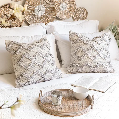 Vista 6 de BlissBlush Fundas de Almohada Decorativas Boho Beige Marrón 18X18, Funda de Almohada de Acento Bohemio, Funda de Almohada con Textura