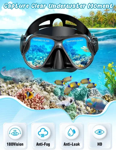 Vista 2 de Juego de Máscara y Aletas de Esnórquel, Equipo de Esnórquel para Adultos, Máscara de Esnórquel con Vista Panorámica Anti-Vaho, Aletas de Buceo