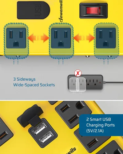 Vista 4 de Regleta industrial DEWENWILS con 2 USB, protector de sobretensiones de metal 6FT Heavy Duty Extension Cord, Wide Space 8 Outlet, 1440J, 14AWG