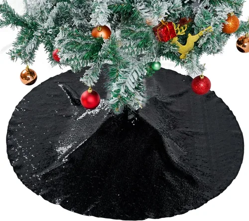 Vista 6 de PartyDelight Faldón para Árbol de Navidad de 24 Pulgadas, Redondo, Lentejuelas Negras Brillantes, Adornos Pequeños, Decoraciones de Fiesta