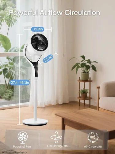 Vista 8 de FOHERE Ventilador de suelo, ventilador de pedestal oscilante de 120°, ventilador inteligente silencioso con luz LED, altura ajustable de 27-46