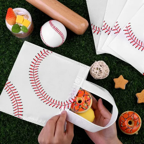 Vista 4 de MIMIND 24 bolsas de béisbol no tejidas para recuerdos de fiesta con asas de 7.8 x 7.8 pulgadas, bolsas de regalos para fiesta de béisbol, bolsas