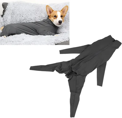 Vista 5 de Tnfeeon Mono de cobertura completa para perro, ropa para mascotas, body elástico para evitar que se caiga, para después de la operación, Gris