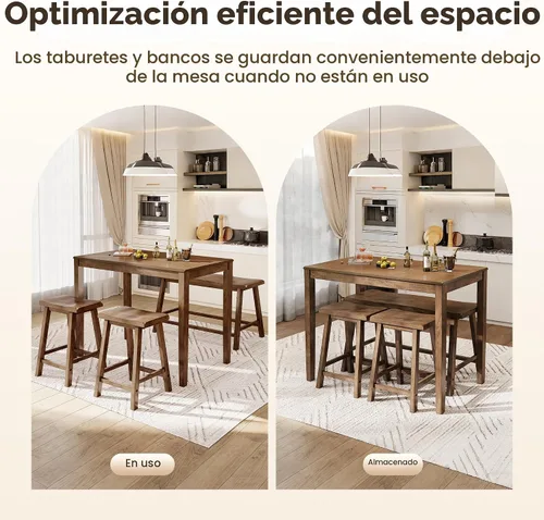 Vista 8 de PHI VILLA Juego de mesa de comedor de granja para 4 espacios pequeños, mesa y sillas de altura de mostrador con banco, juego de mesa de cocina alta
