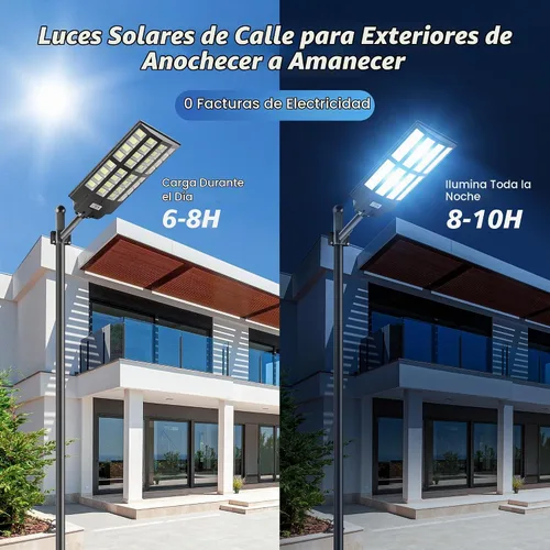 Vista 8 de Luces solares de calle de 8000 W para exteriores, gran angular, luces solares al aire libre del atardecer al amanecer, luz de estacionamiento