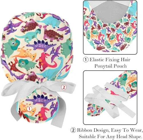 Vista 4 de DEYYA 2 gorras Bouffant con bolsa de cola de caballo de algodón, gorro de trabajo ajustable, gorra quirúrgica de dinosaurio, camuflaje verde