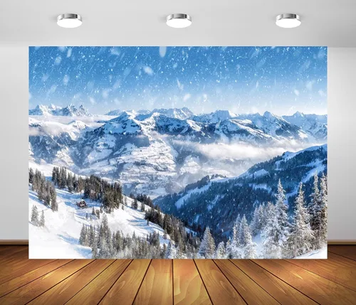 Vista 2 de BELECO Telón de fondo de escena de nieve de invierno de 8 x 6 pies, montañas, abetos, bosque, invierno, nevadas, fondo de nieve, Navidad, Año Nuevo