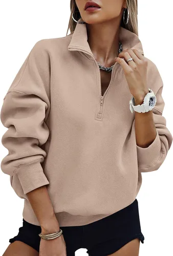 Vista 19 de PRETTYGARDEN Sudaderas de gran tamaño con media cremallera para mujer, sudaderas con capucha de forro polar 2025 de manga larga a la moda, tops