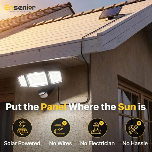 Vista 4 de Ensenior - Luz de seguridad solar con 5 modos de sensor de movimiento, 1800 lm, 270° de ángulo amplio, 3 cabezales de luces LED de inundación
