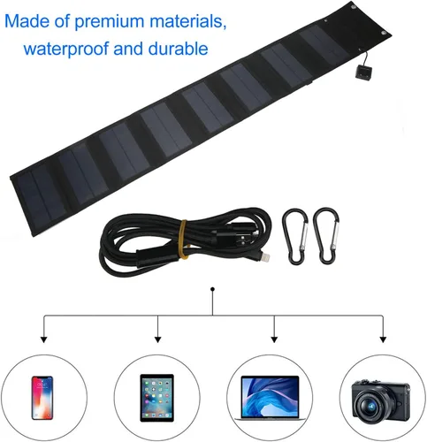 Vista 5 de Cargador de panel solar portátil de 25 W, 5 V 2.5 A, kit de cargador solar plegable para teléfono, 8 paneles solares plegables con 1 a 3 cables