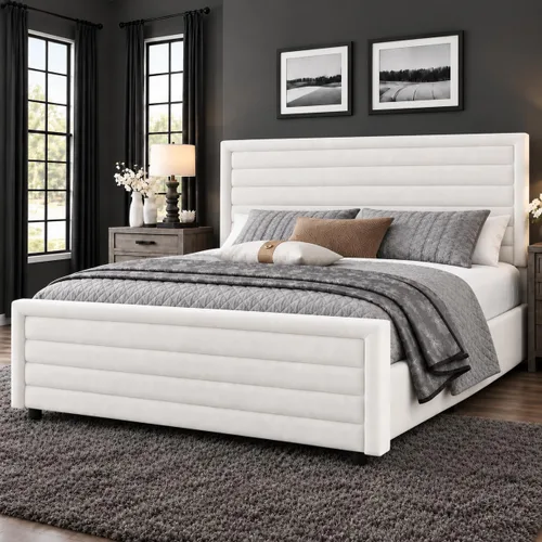 Vista 8 de REVOMINCA Armazón de cama tamaño completo (Full Size), plataforma tapizada con cabecera y pie de cama de terciopelo, base de colchón con listones