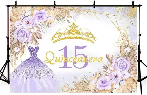 Vista 4 de AIBIIN Telón de fondo de quinceañera de 15 cumpleaños de 7 x 5 pies para niña dulce, bohemio, morado con purpurina Mis Quince Anos, fondo