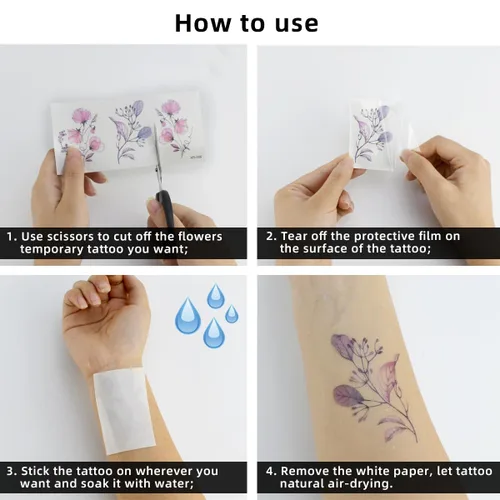 Vista 4 de 20 hojas de calcomanías de tatuajes temporales de flores, impermeables, para arte corporal, acuarela, floral, tatuaje temporal para mujeres y niñas