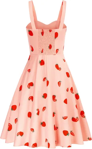 Vista 2 de Belle Poque - Vestido vintage sin mangas, para mujer, diseño floral, fruncido, lindo, acampanado, con vuelo, largo por debajo de la rodilla