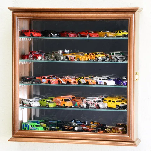 Vista 2 de Vitrina de exposición de Hot Wheels, autos Matchbox y Diecast con espejo en el fondo., Walnut Nogal