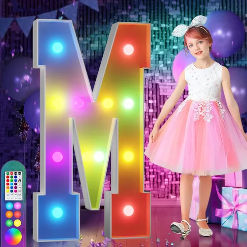 Vista 84 de Imprsv Letras coloridas de marquesina de 3 pies y letras grandes iluminadas RGB con control remoto, decoraciones de fiesta de cumpleaños Carta