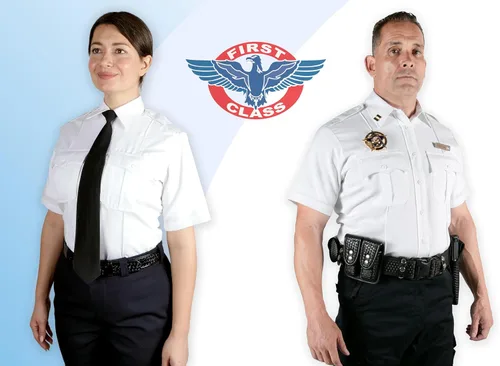 Vista 6 de First Class camisa celeste manga corta para uniforme 100 % de poliéster para hombre
