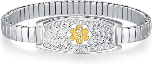 Vista 11 de Pulsera de Alerta Médica Elástica Oliva Divoti – Etiqueta de ID de Acero Inoxidable Grabada Personalizada – Hipoalergénica, Sin Cierre