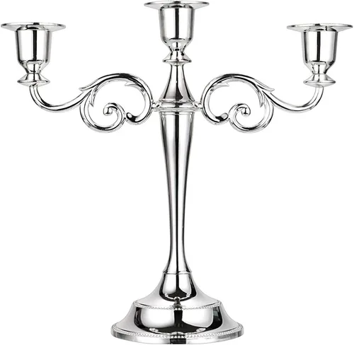 Vista 8 de OwnMy Candelabro de 3 Brazos de Metal Portavelas Plateado Europeo Elegante Portavelas para Boda, Mesa de Comedor, Navidad, Fiesta, Decoración