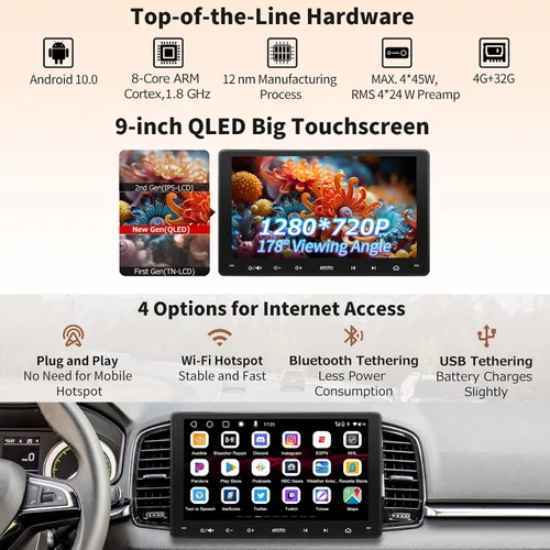 Vista 3 de ATOTO S8 8-core 9inch QLED Double DIN Android Car Stereo, 4G y WiFi integrado, CarPlay inalámbrico y Android Auto, Bluetooth dual, 4G+32G, VSV