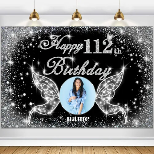 Vista 99 de Cartel personalizado de decoración de fiesta de cumpleaños número 100 - tema de alas de ángel - negro y plateado HY-NLK-100º